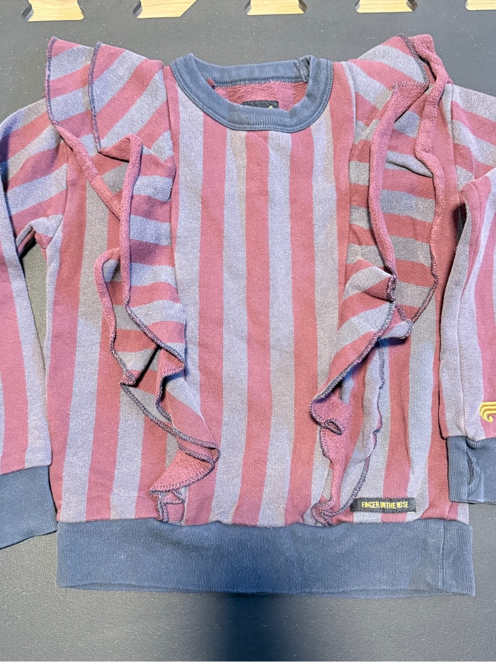 Finger In The Nose Girls' Striped Ruffle Sweatshirt in Pink & Lavender